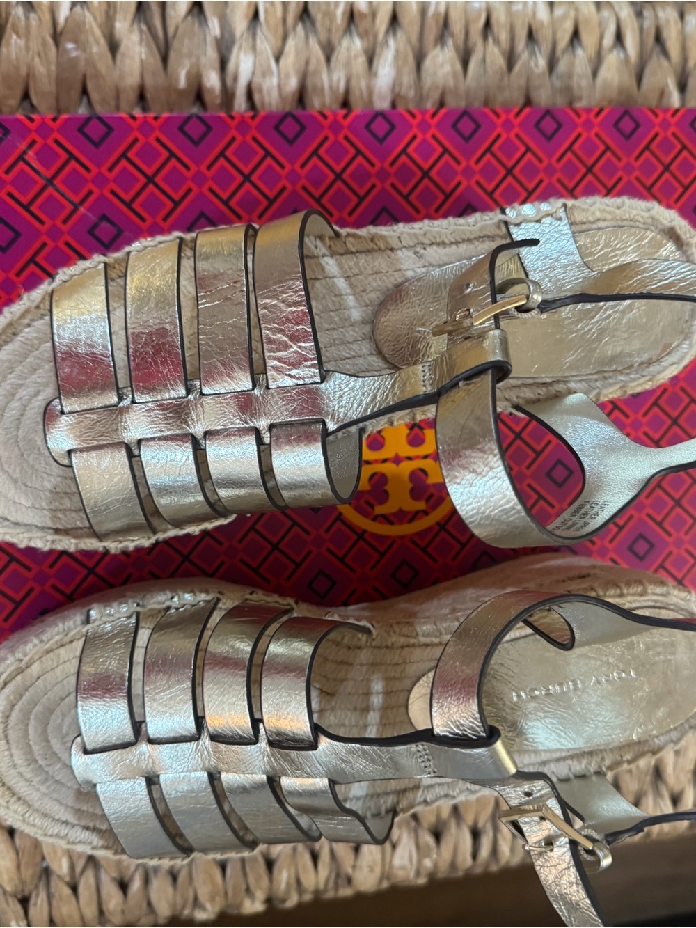 Tory Burch Metallic Gold Platform Espadrille Wedge Sandals - Picture 4 of 4
